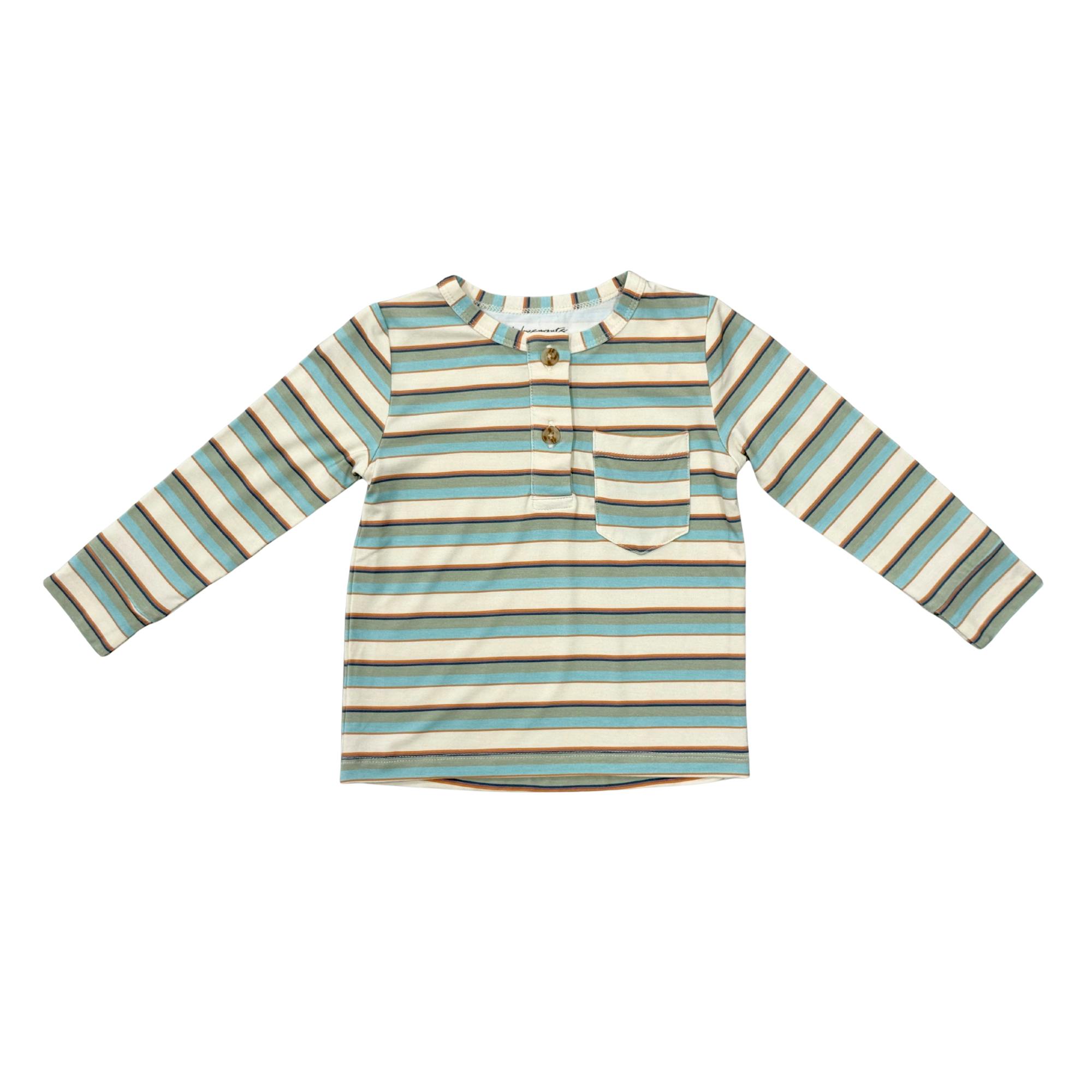 Boys Long Sleeve Henley Shirt in Blue Haze Multi Stripe