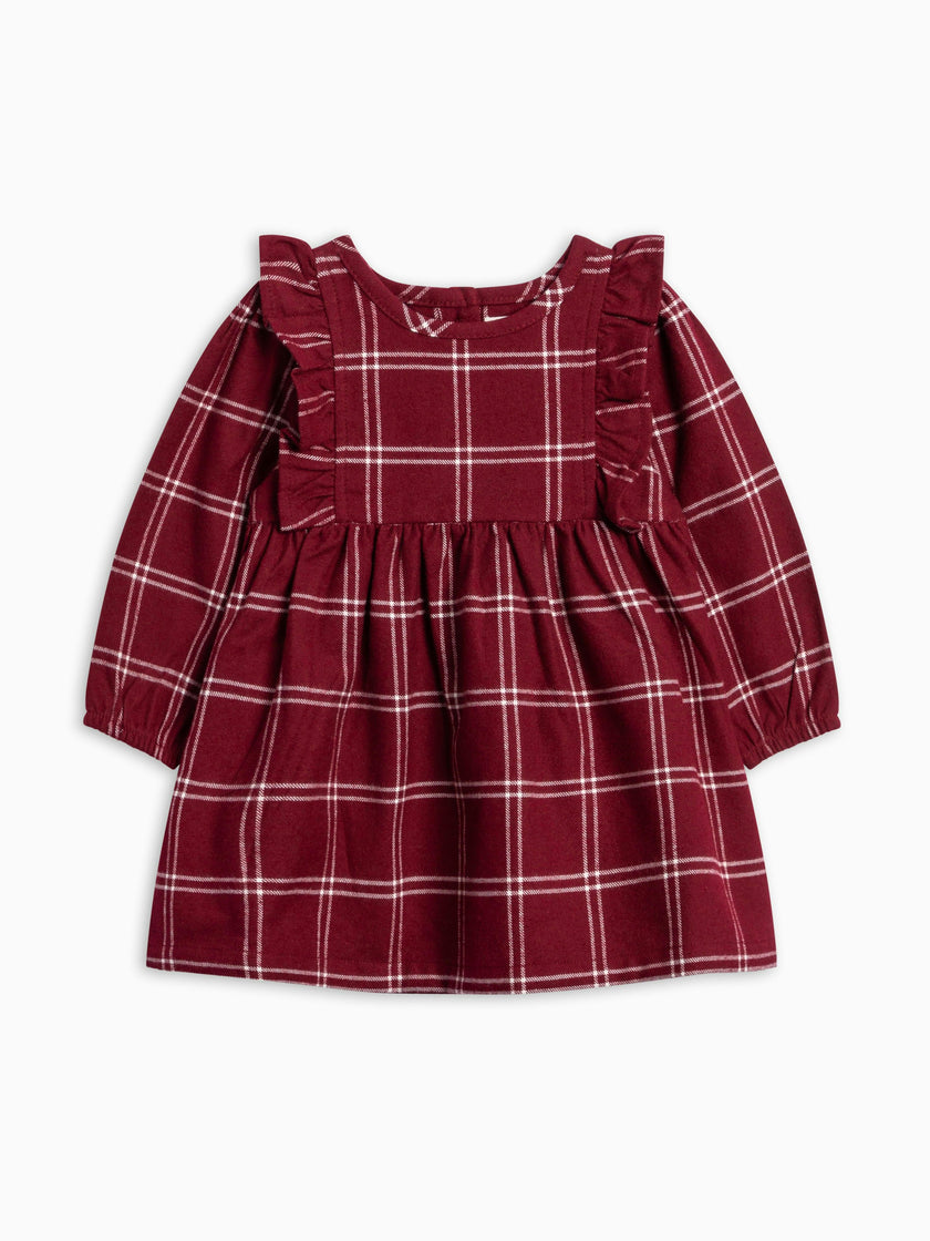 Celyn Flannel Ruffle Long Sleeve Dress - Pomegranate Plaid