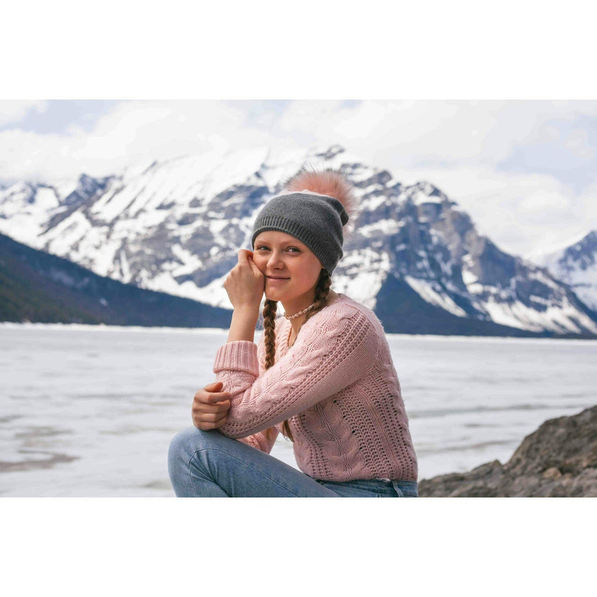 Triangle Color Block Hat With A Genuine Fur Pom (TikTok)