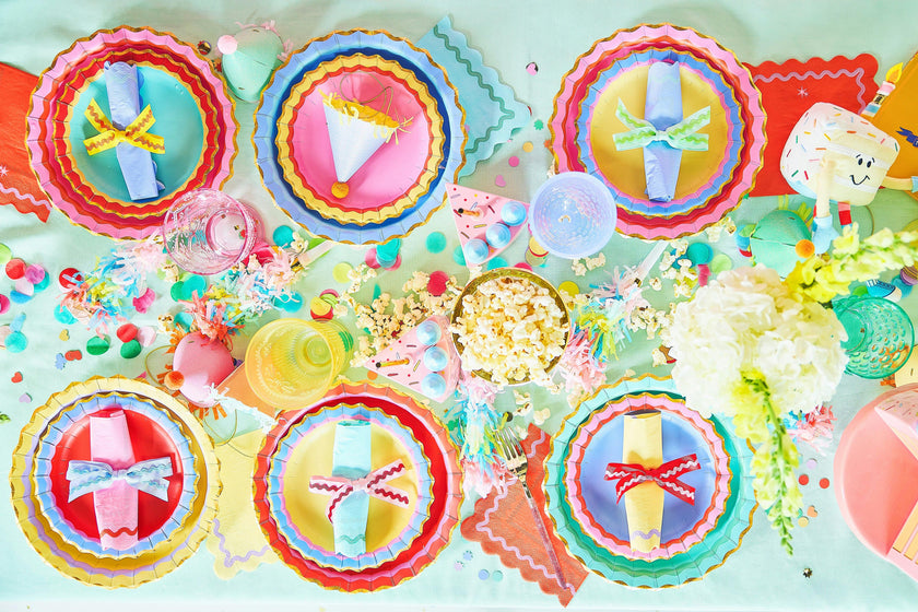 Packed Party Rainbow Ric Rac 10ct Paper Dinner Plates | Gold Foil Scalloped 5-Color Mix Party Plates |10 Inch Birthday Plates