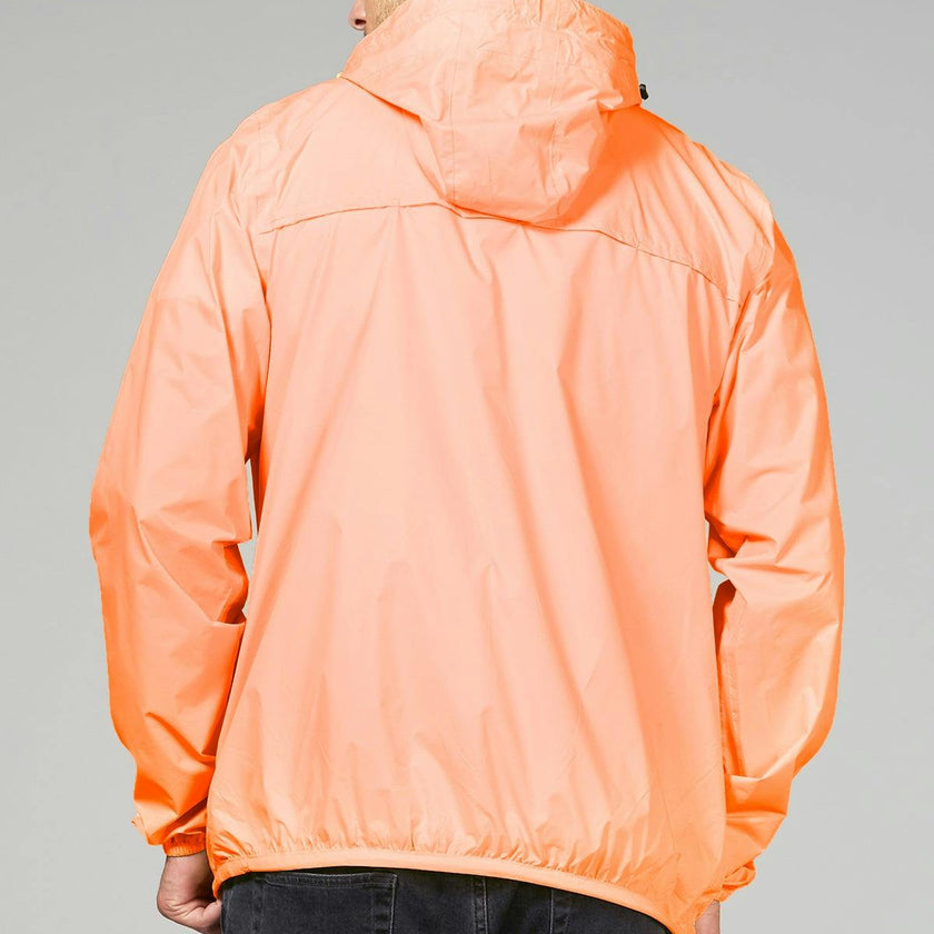 Orange fluo full zip packable rain jacket and windbreaker