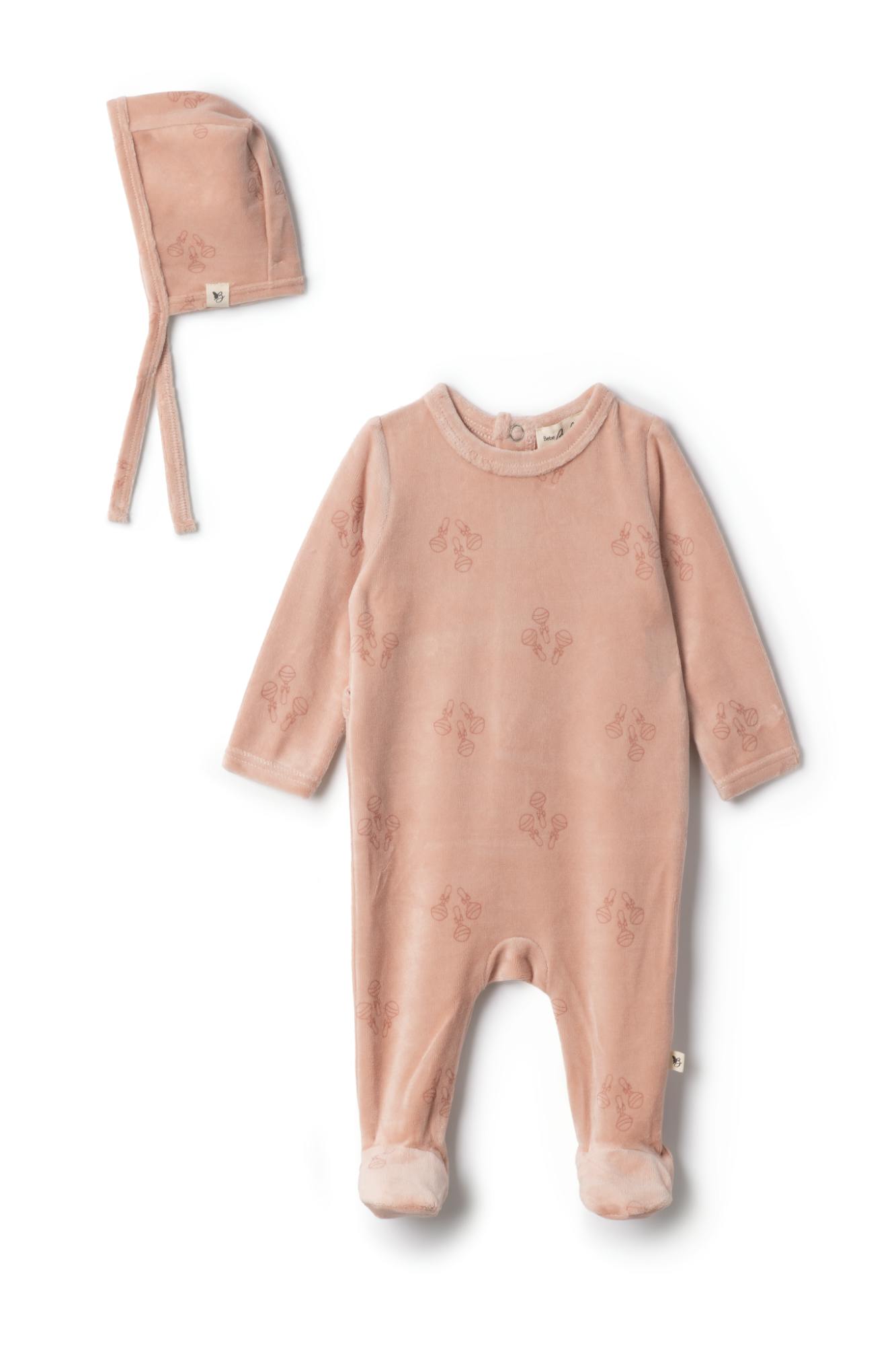 Rattle Print Snap Front Velour Romper and Bonnet Two Piece Set