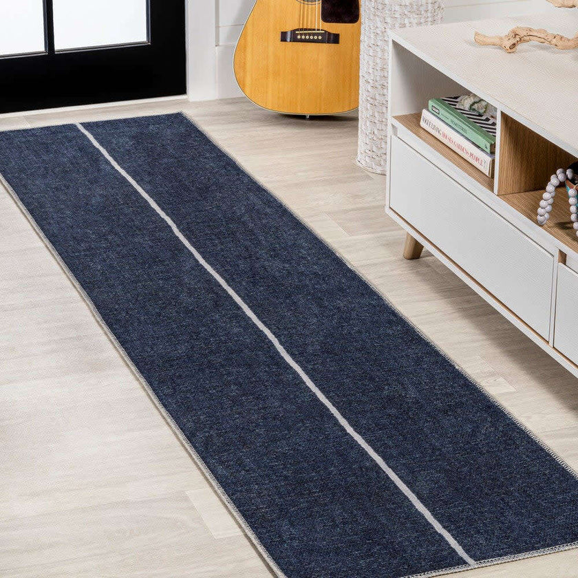Linja Solid Centre Stripe Machine-Washable Area Rug, Navy