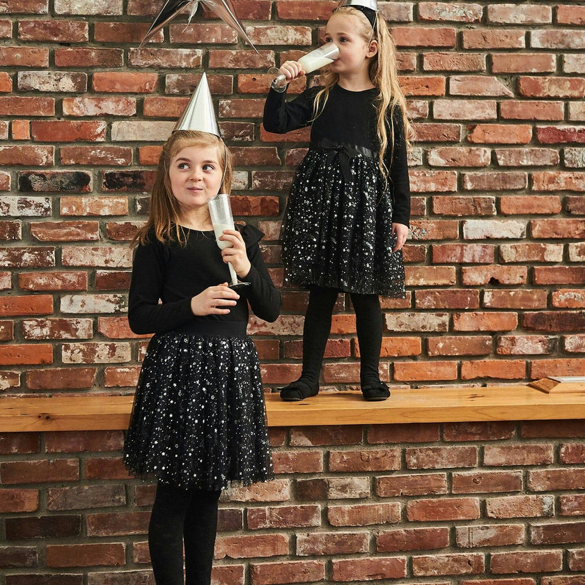 Long Sleeve Dress With Glittering Tulle Skirt Black