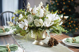 Winter White Magnolia, Pine & Snowberry Christmas Arrangement Centerpiece in Antiqued Silver Metal Urn