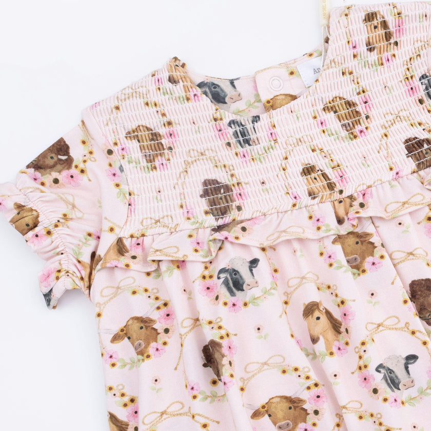 Farm Animals Floral Cameos Pink - Smocked Ruffle Bubble with Skirt