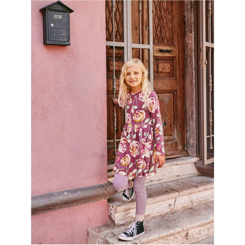 Rose Print Empire Waist Long Sleeve Wrap Neck Dress, Multi