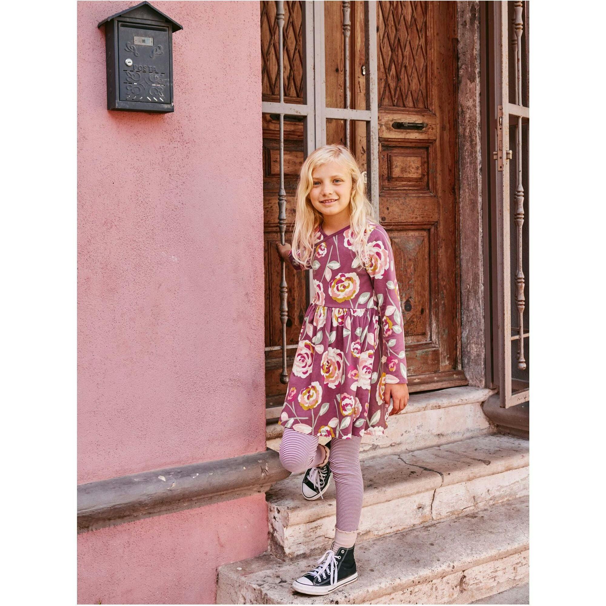 Rose Print Empire Waist Long Sleeve Wrap Neck Dress, Multi