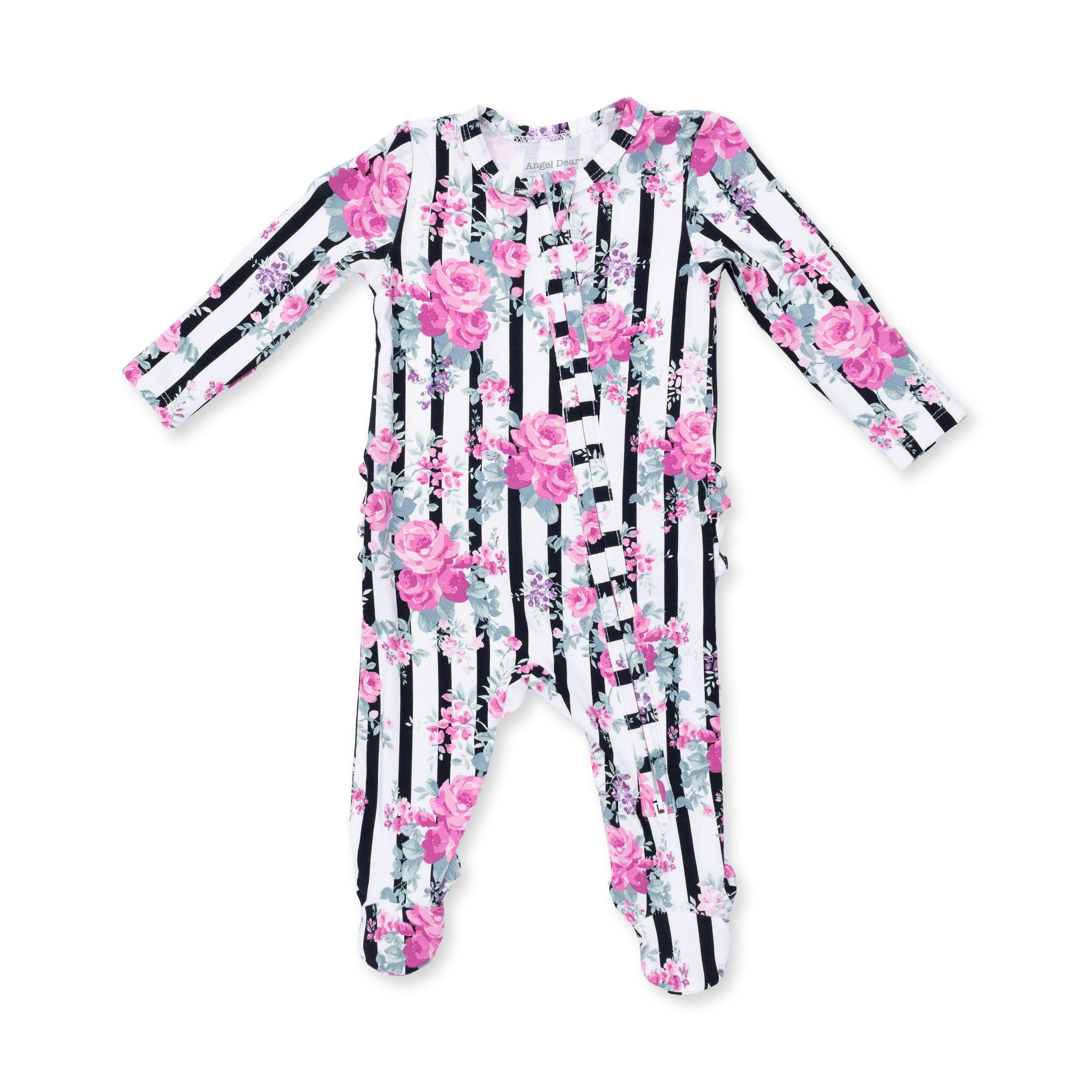 Cabbage Rose Stripe - 2 Way Ruffle Back Zipper Footie