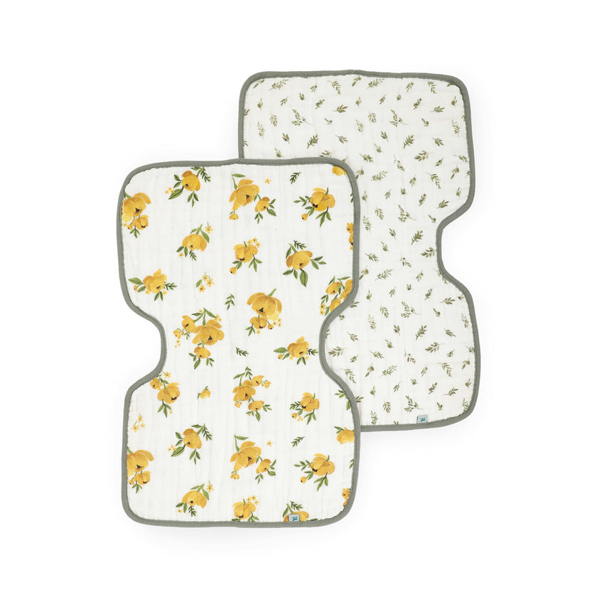 Organic Cotton Muslin Burp Cloth 2 Pack - Yellow Roses + Olive Branch