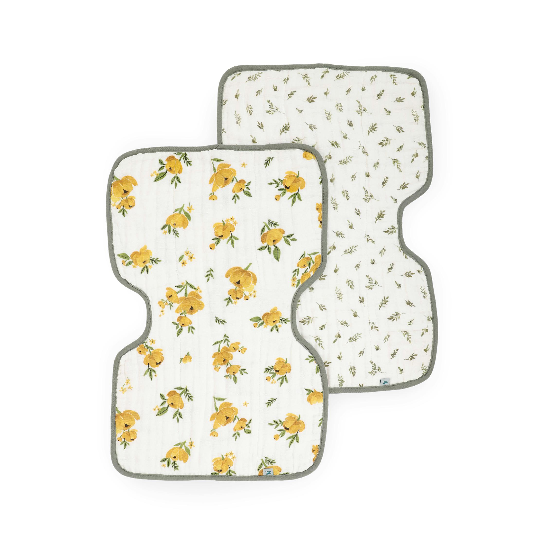 Organic Cotton Muslin Burp Cloth 2 Pack - Yellow Roses + Olive Branch