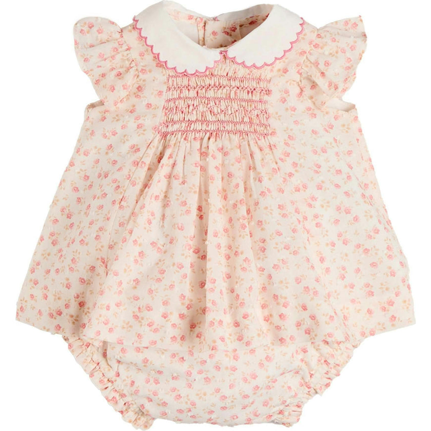 Martha Floral Hand Smocked Cap Sleeve Scallop Collar Dress in Pink (1-9mths)
