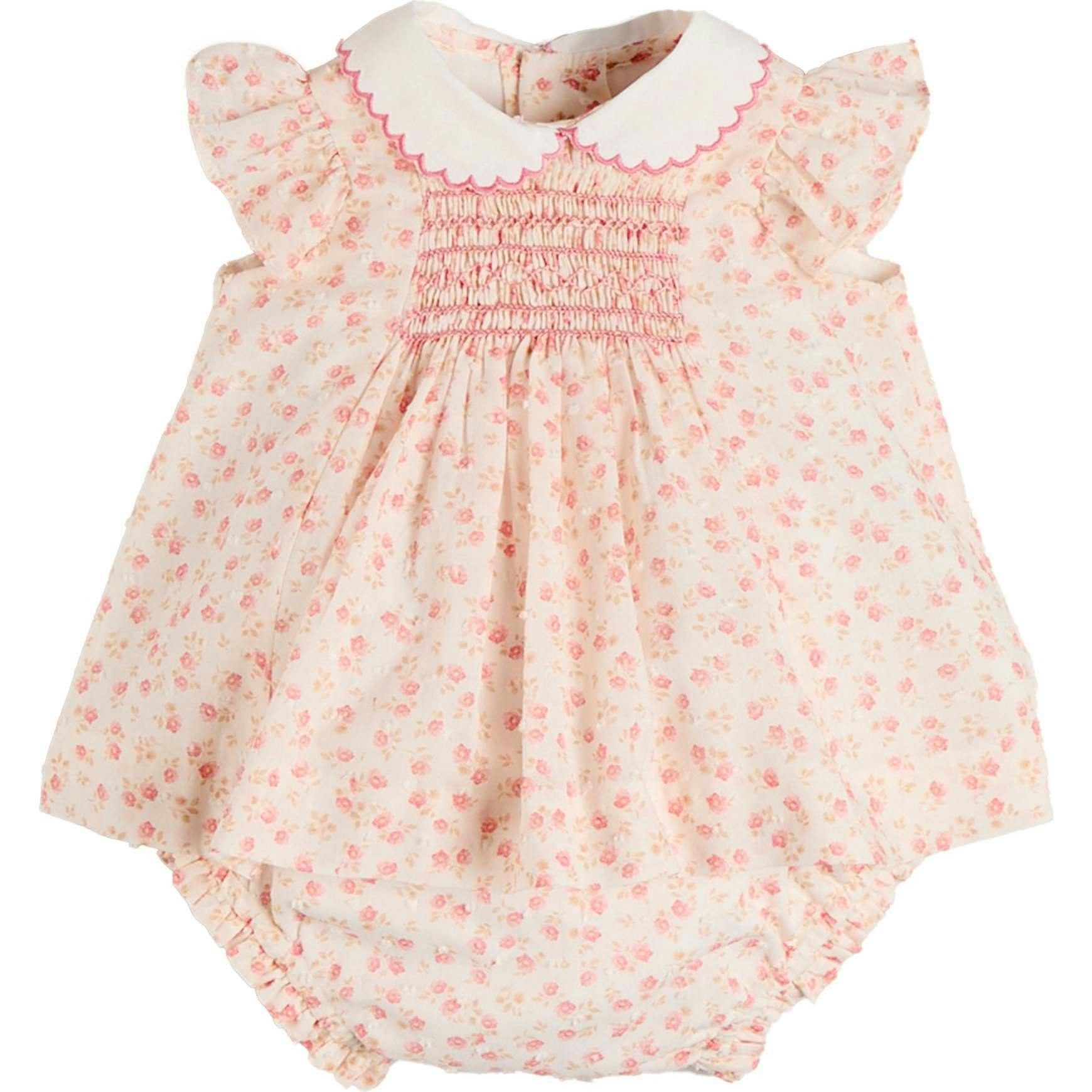 Martha Floral Hand Smocked Cap Sleeve Scallop Collar Dress in Pink (1-9mths)