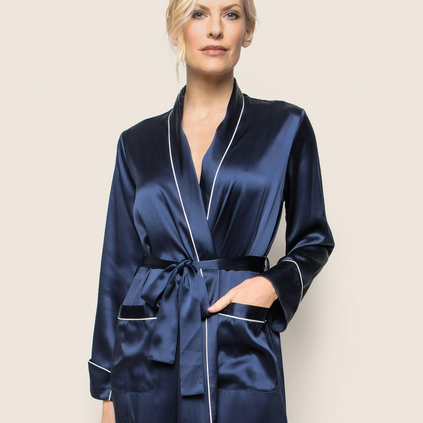 Women's Silk Long Robe in Navy