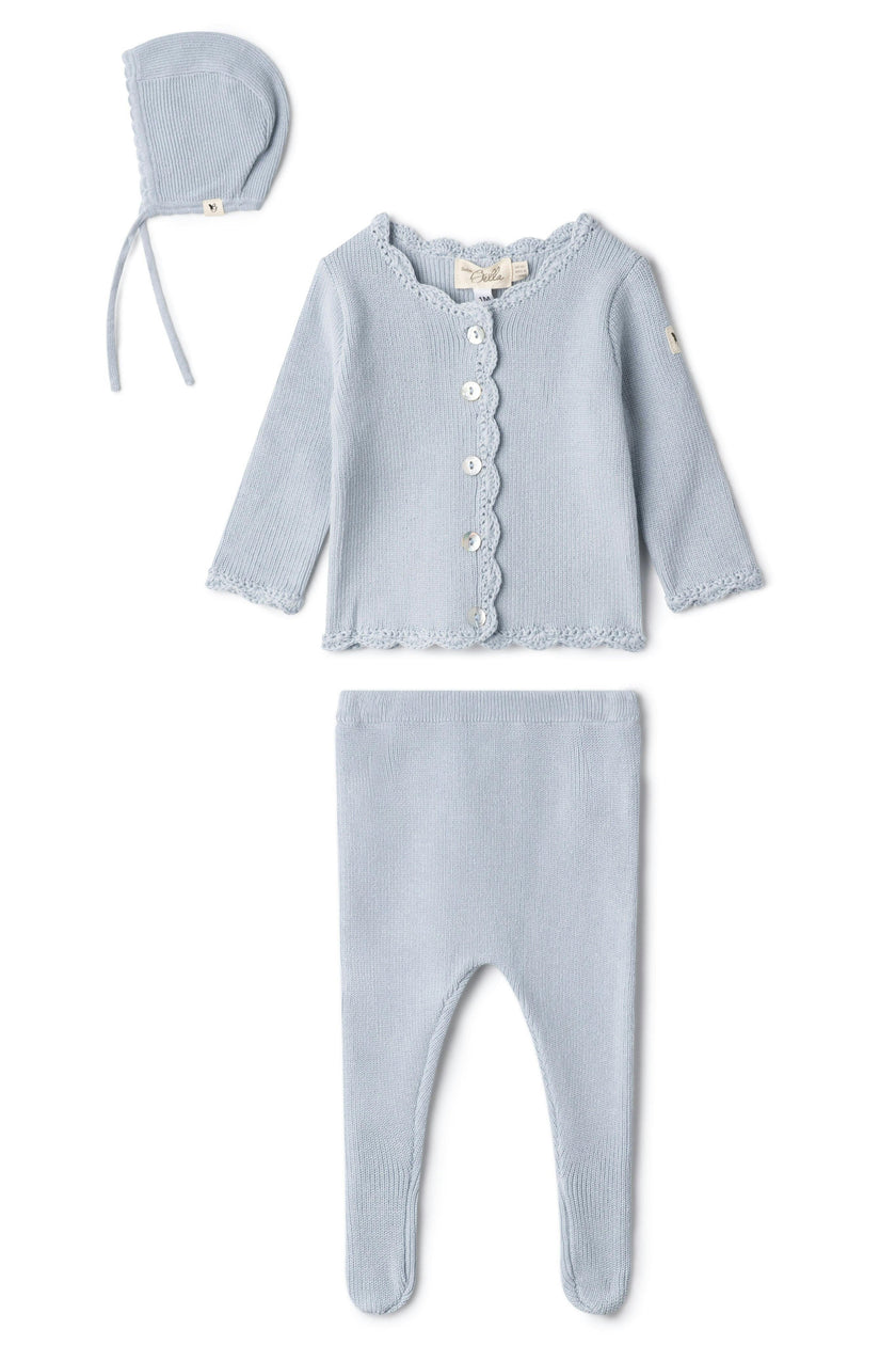 Crochet Trim Top, Pants, and Bonnet Three Piece Set