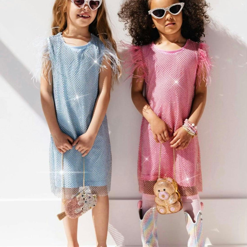 Crystal Feather Trim Sleeve Shimmer Sequin Dress