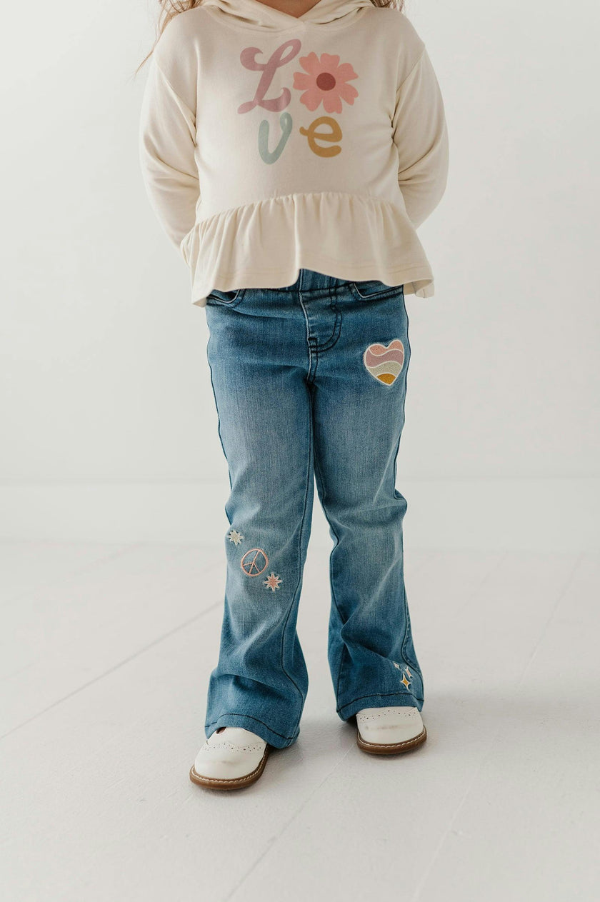 Girls Flare Denim Jeans in Mid Blue Wash