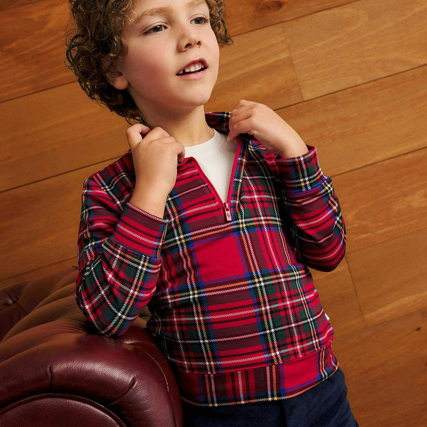 Red Tartan Plaid French Terry Quarter Zip Sweatshirt