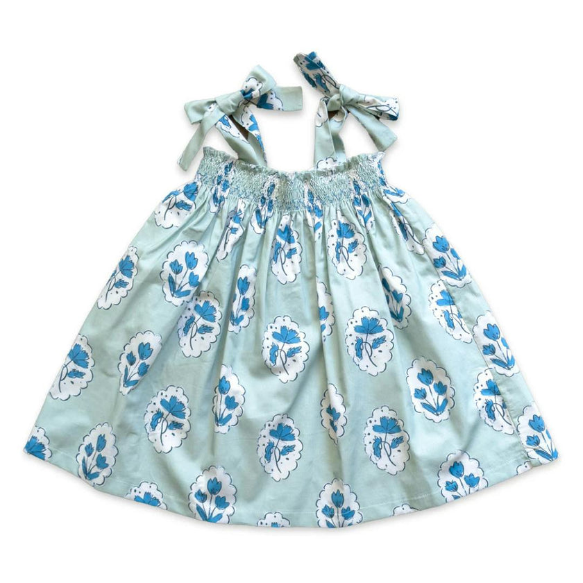Teatime Dress | Smocked Tie Top | Medallion Flower Blue