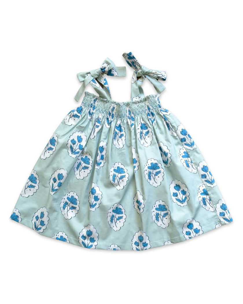Teatime Dress | Smocked Tie Top | Medallion Flower Blue