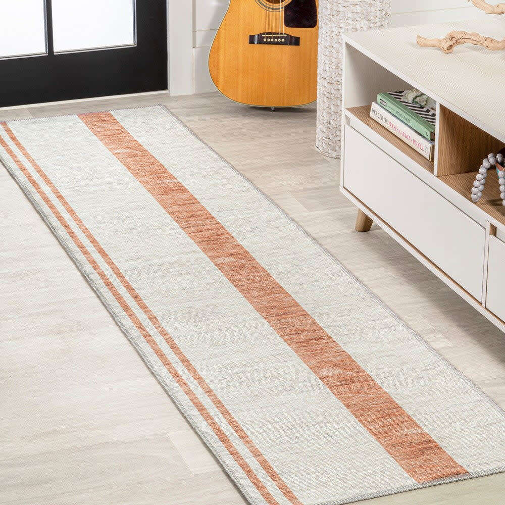 Raita Modern Distressed Stripe Machine-Washable Area Rug, White