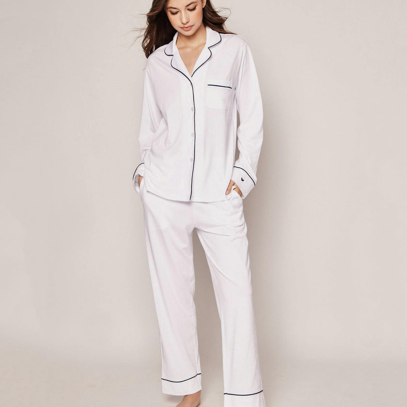 Women's Pima Pajama Set in White with Navy Piping