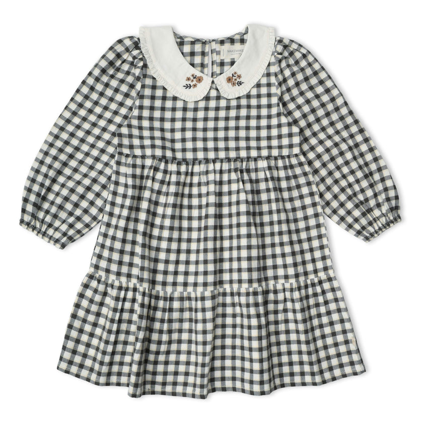 Organic Collar Tiered Dress - Charcoal Plaid