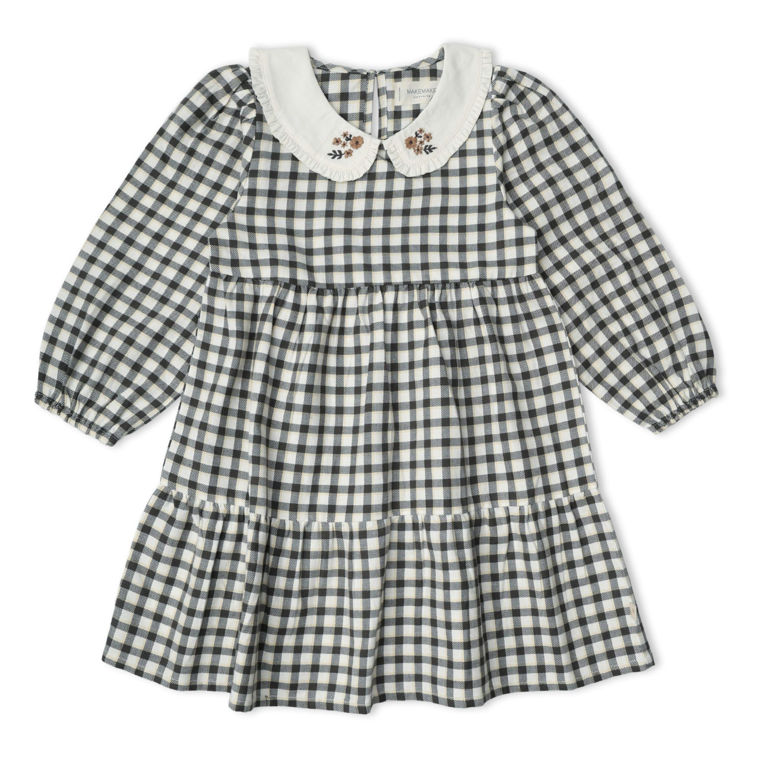 Organic Collar Tiered Dress - Charcoal Plaid