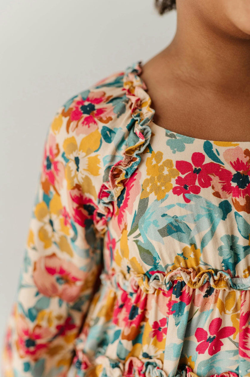 Girls Peasant Shirred Waist Dress in Cooper Painterly Floral