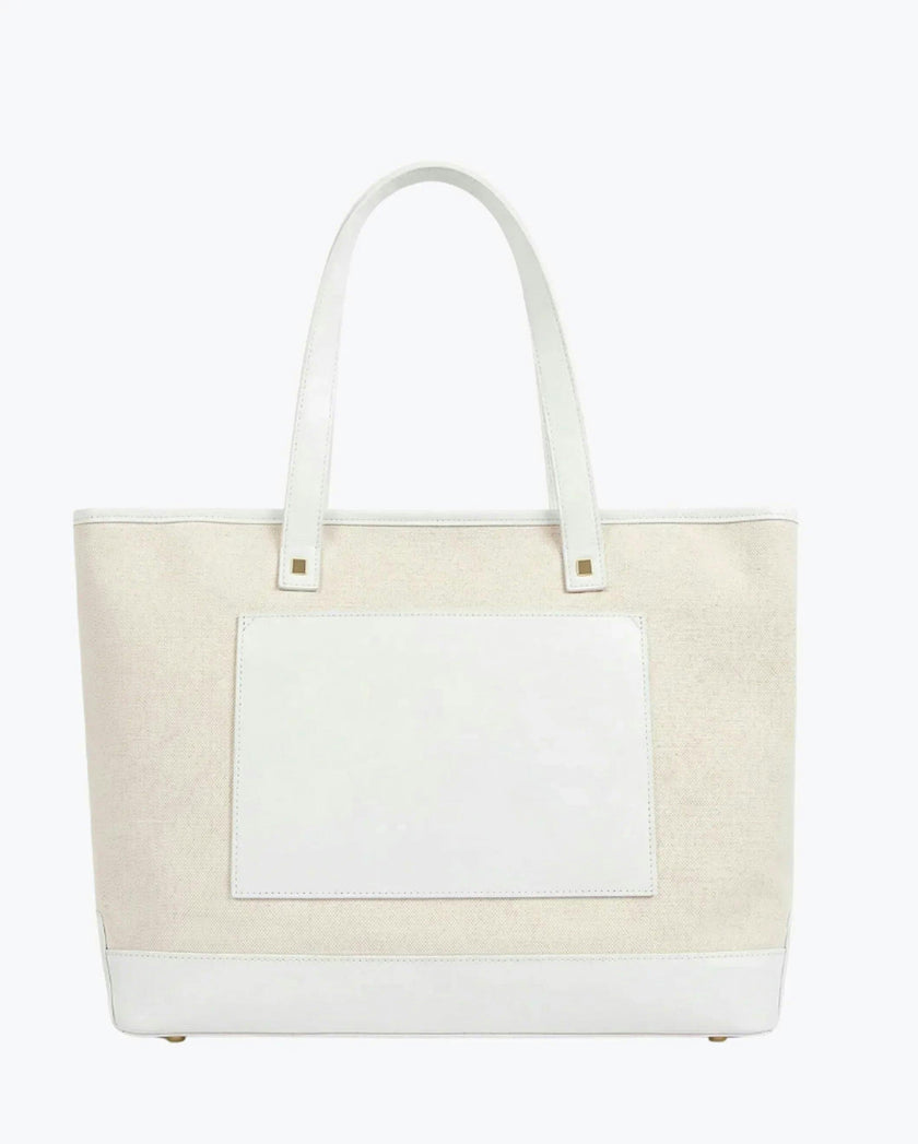 Vegan Leather Work Tote Bag with Removable Insulated Pouch, White Canvas