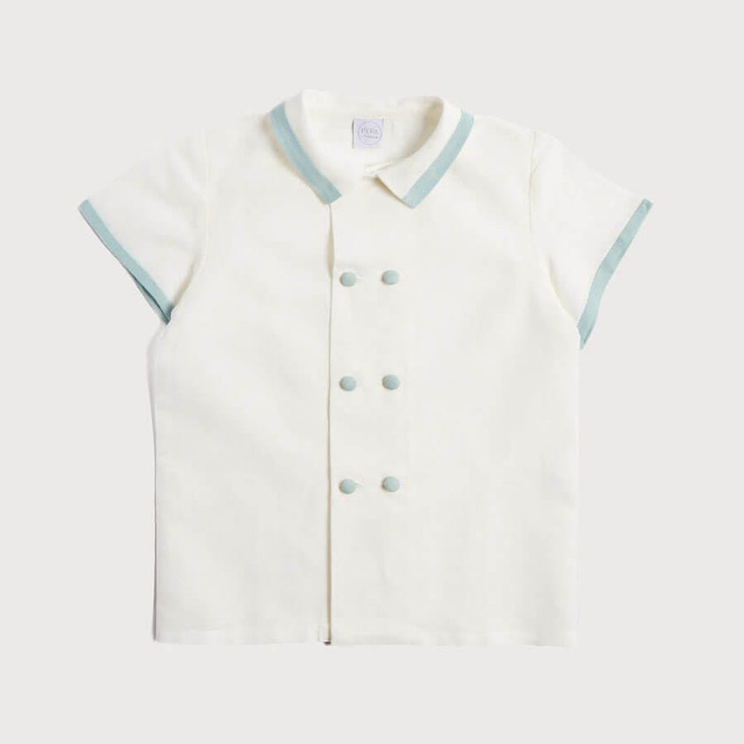 Linen Boys Celebration Shirt White with Teal Piping (3-10yrs)
