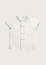 Linen Boys Celebration Shirt White with Teal Piping (3-10yrs)