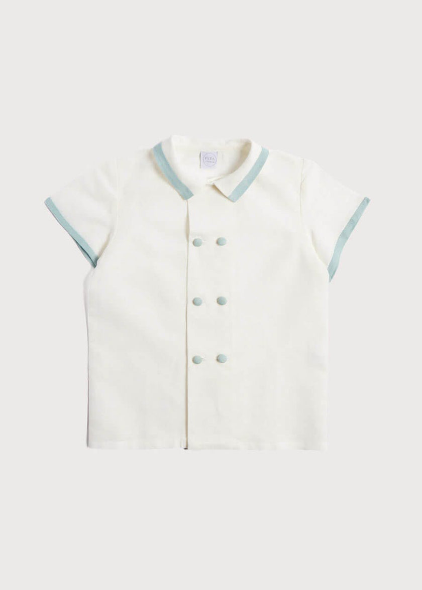 Linen Boys Celebration Shirt White with Teal Piping (3-10yrs)