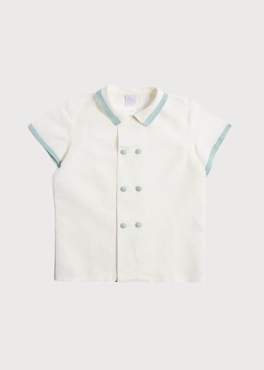 Linen Boys Celebration Shirt White with Teal Piping (3-10yrs)