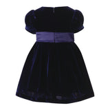 Baby Crushed Velvet Bow Ribbon Tie Short Puff Sleeve Dress