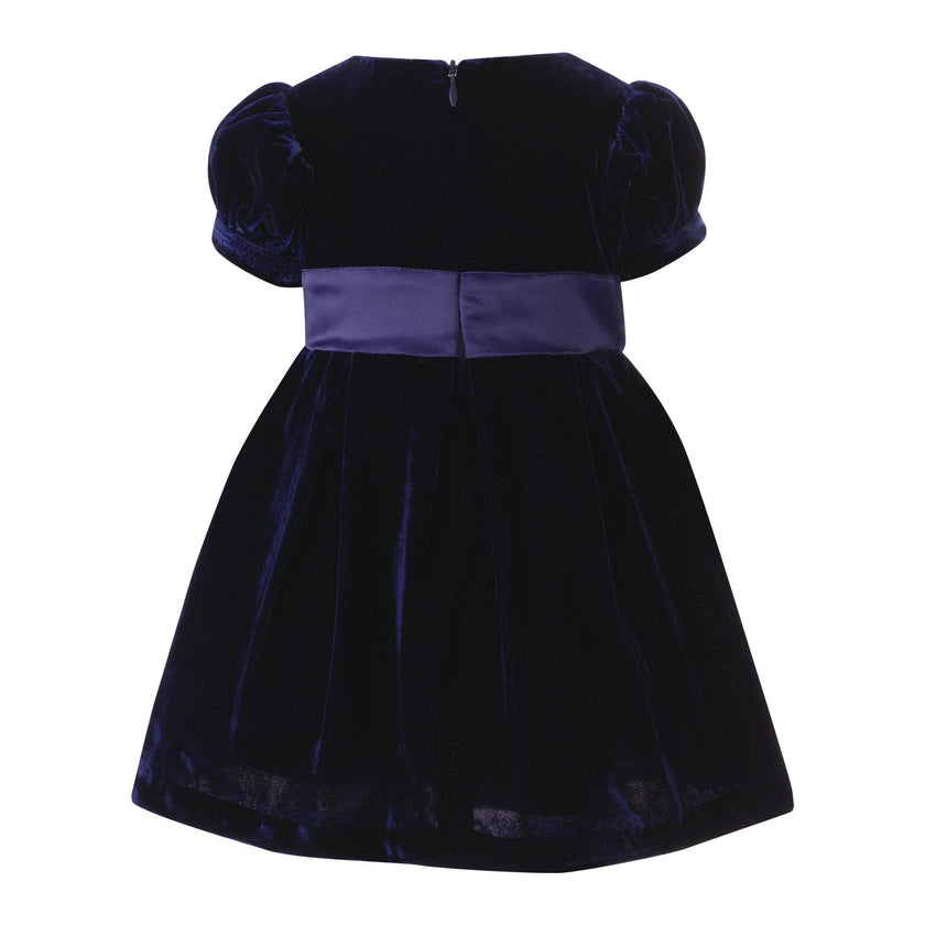 Baby Crushed Velvet Bow Ribbon Tie Short Puff Sleeve Dress