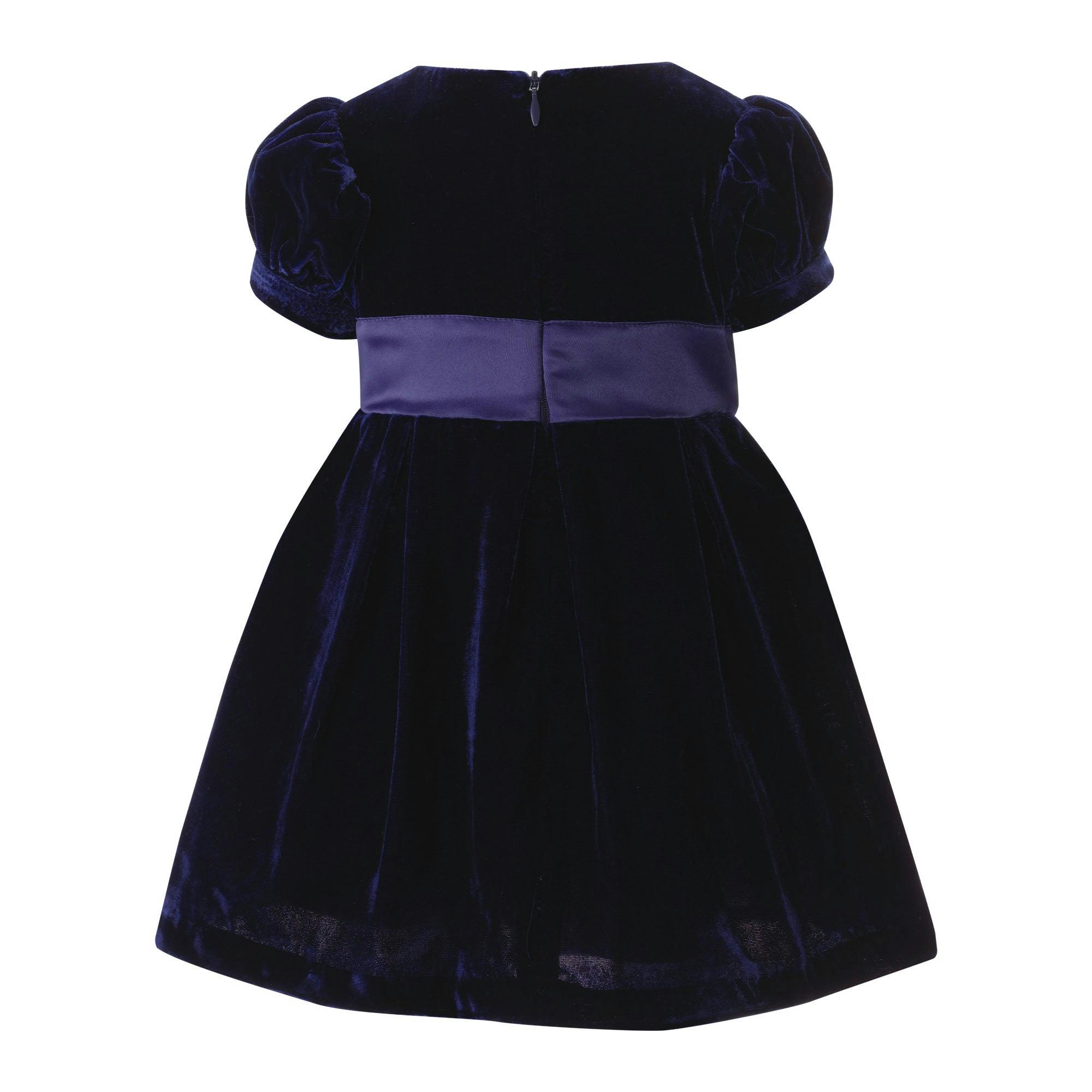 Baby Crushed Velvet Bow Ribbon Tie Short Puff Sleeve Dress