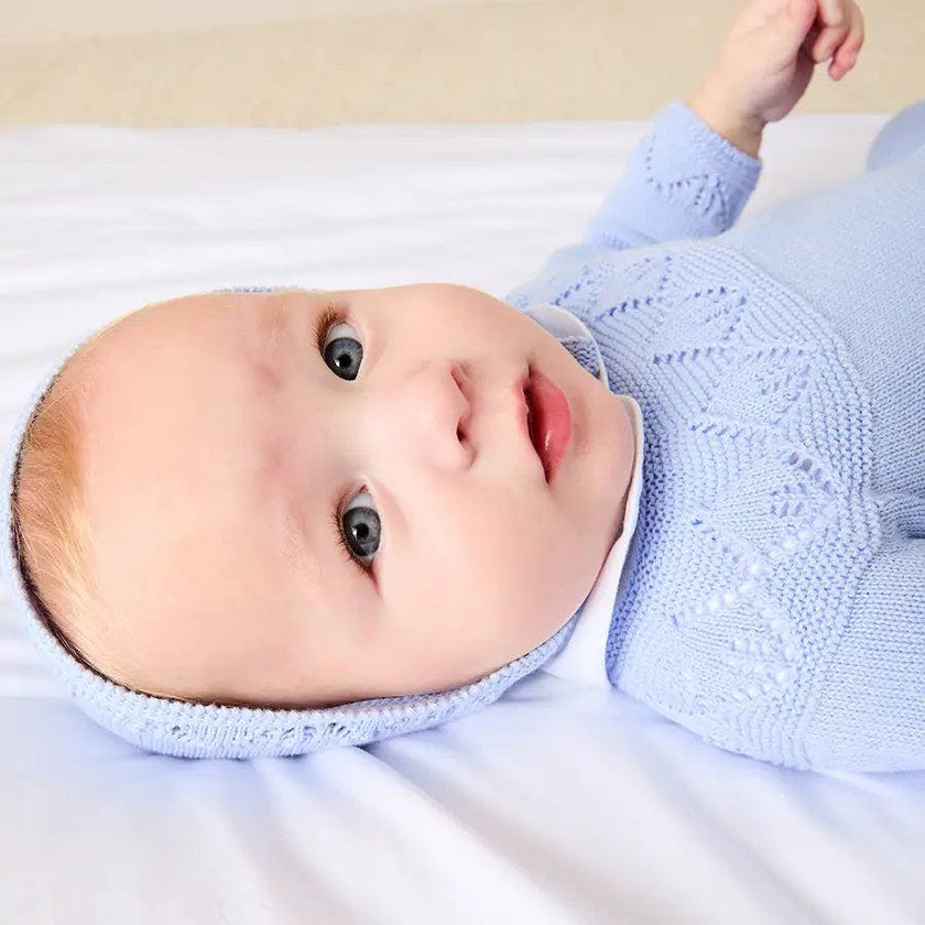 Diamond Openwork Three Piece Knitted Set in Light Blue (1-9mths)