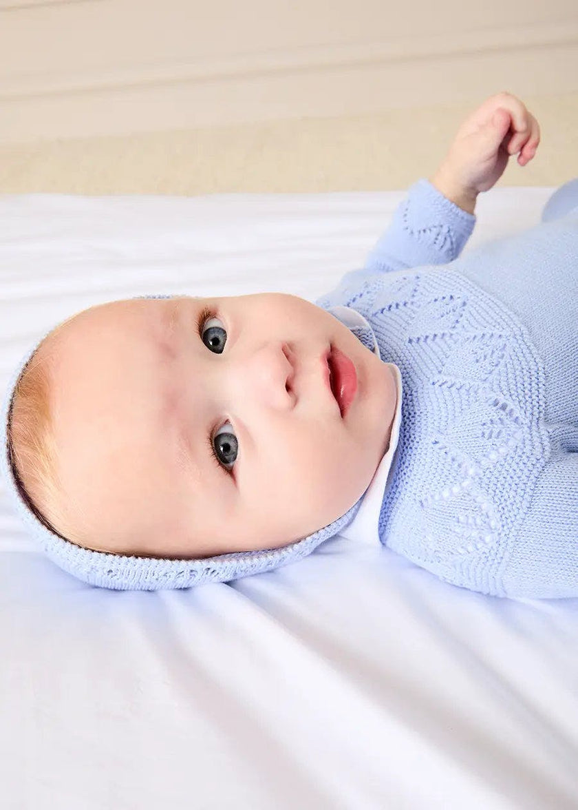 Diamond Openwork Three Piece Knitted Set in Light Blue (1-9mths)