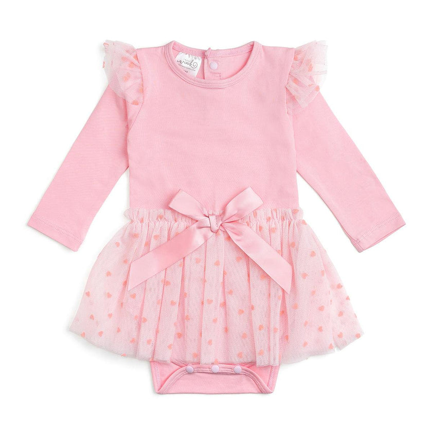 Flocked Heart Tiered Long Sleeve Tutu Bodysuit