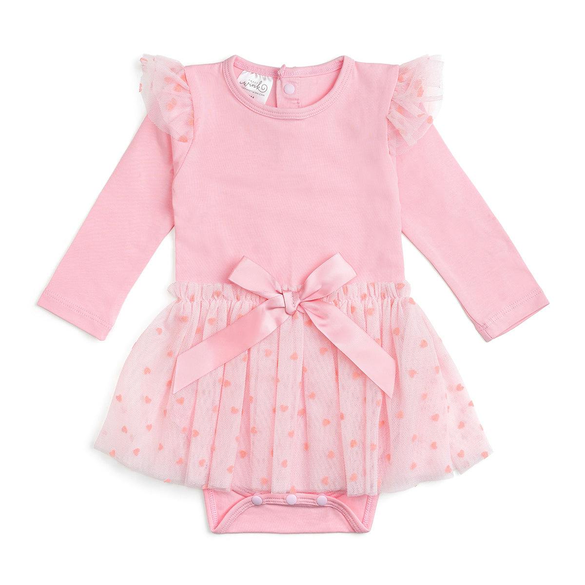 Flocked Heart Tiered Long Sleeve Tutu Bodysuit
