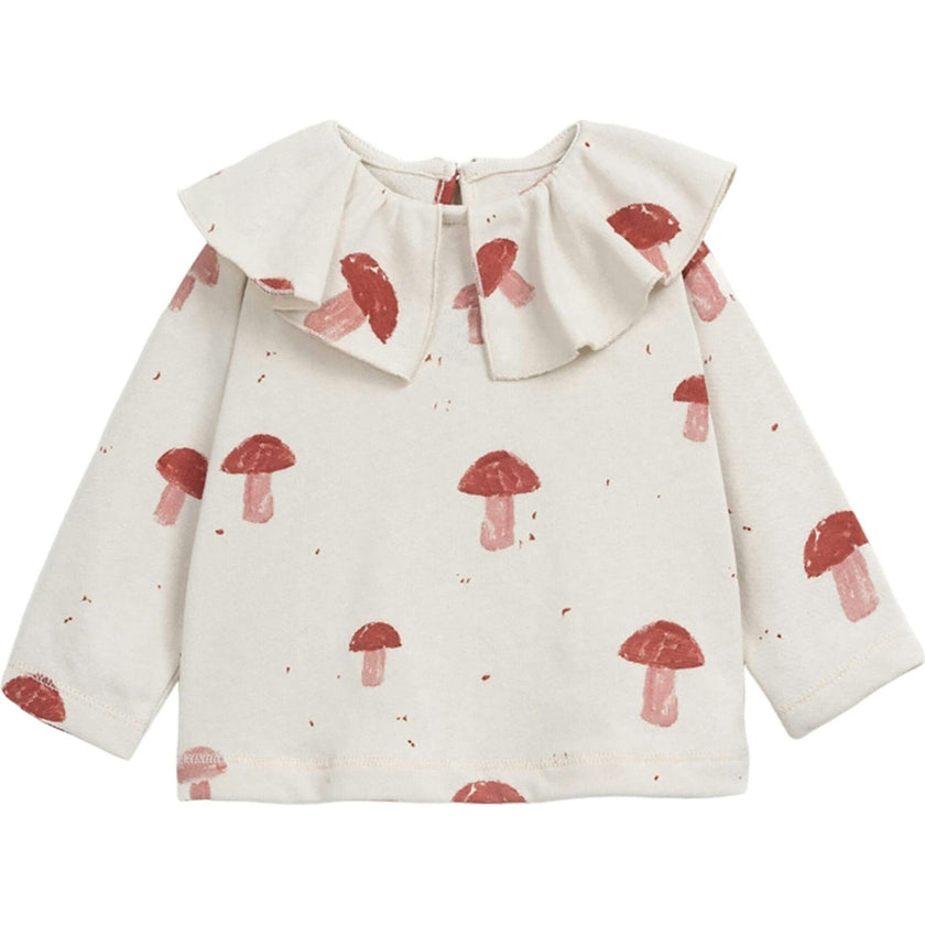Mushroom Print Round Ruffle Collar Long Sleeve Back Button T-Shirt