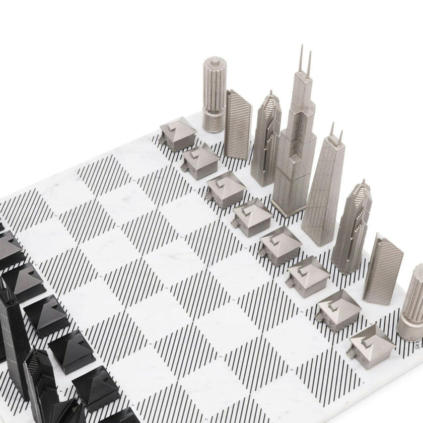 Chess Set Stainless Steel CHICAGO with Marble Hatch Board