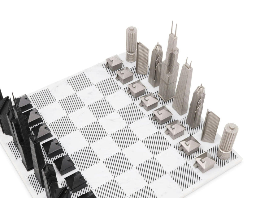 Chess Set Stainless Steel CHICAGO with Marble Hatch Board