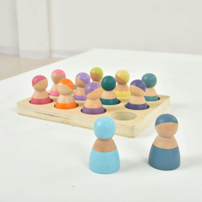 Wooden Rainbow Peg Dolls Figures 12 Piece Set