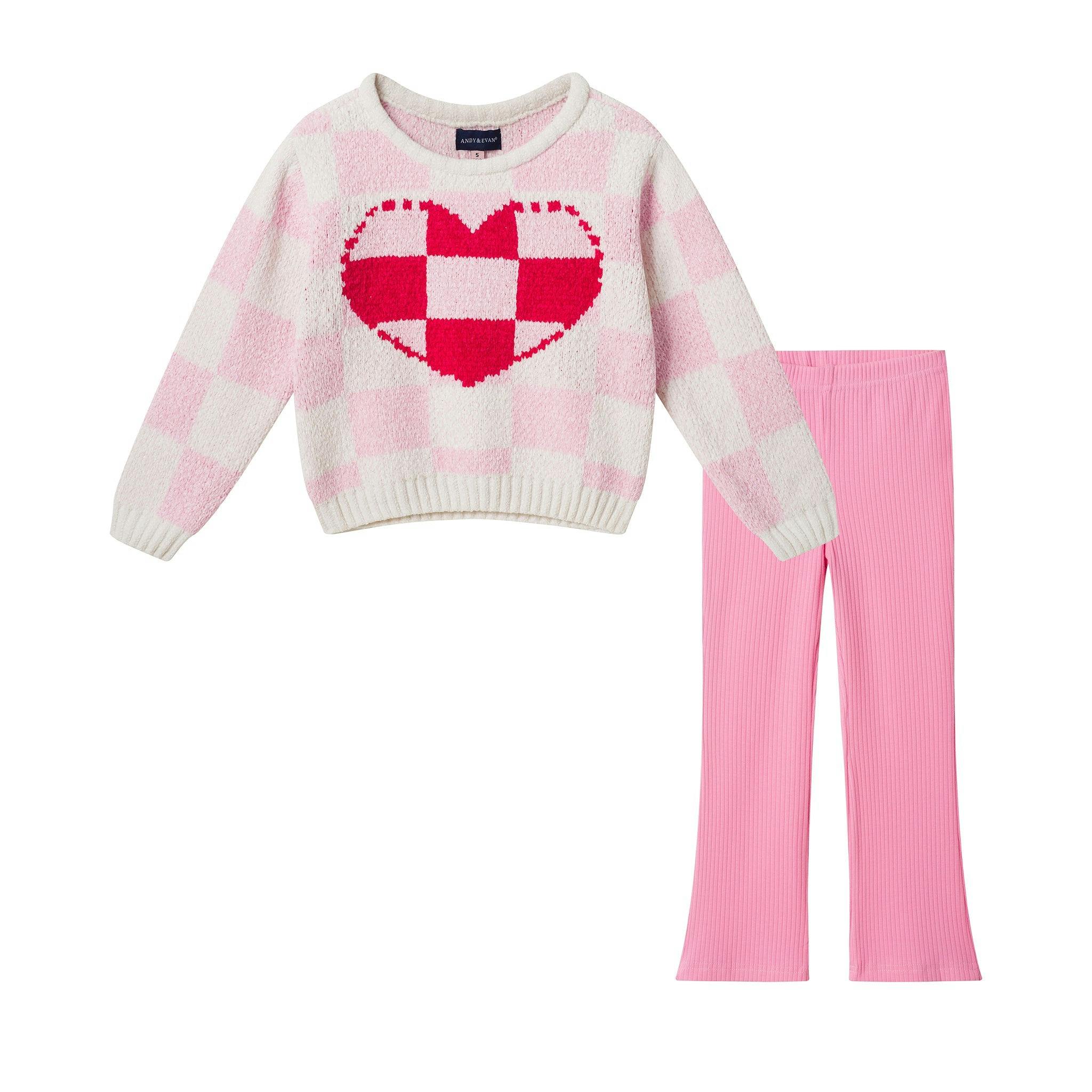 Girls Sweater & Flare Legging Set | Checkered Heart - Pink