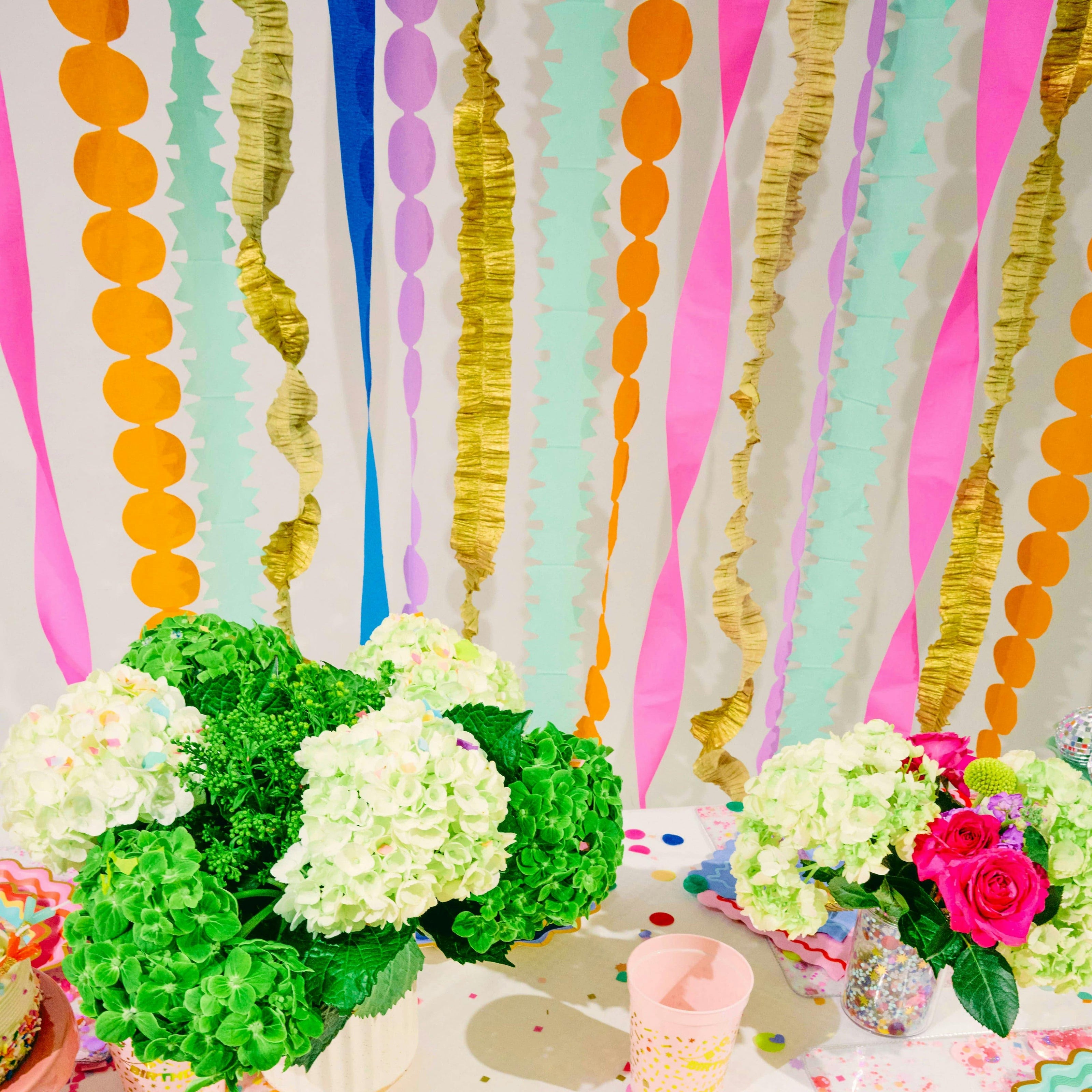 Packed Party Color Pop Streamer Party Backdrop Kit - 6 Colors of 72-Inch Crepe Paper Rolls with 60-Inch Gold Satin Ribbon for Photo Walls and Cake Tables
