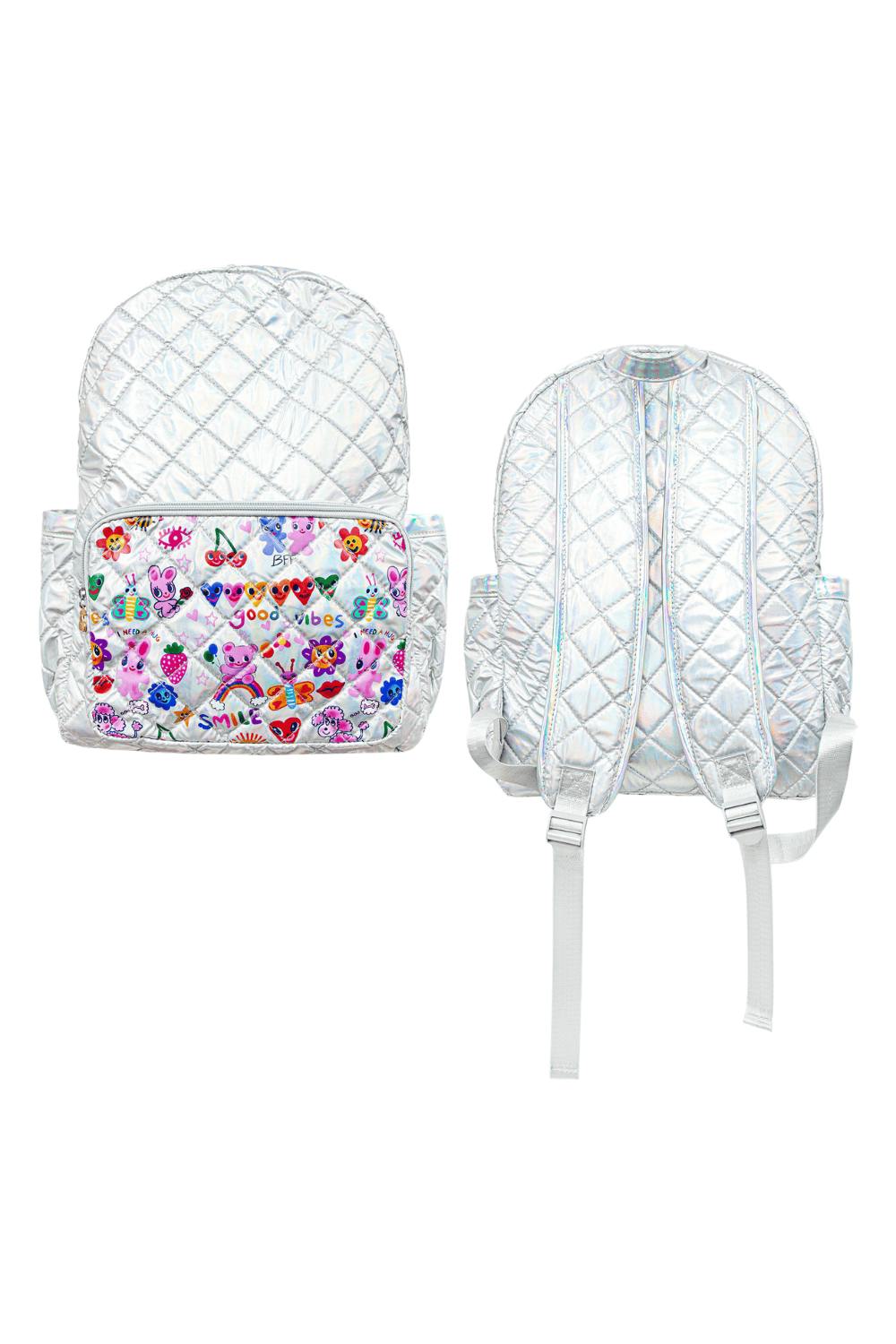 Silver Hologram Doodle Art Quilted Backpack
