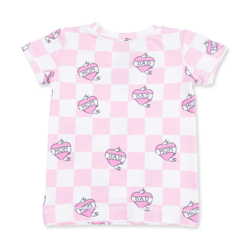 Heart Tattoo Check Pink - Short Sleeve Loungewear Set