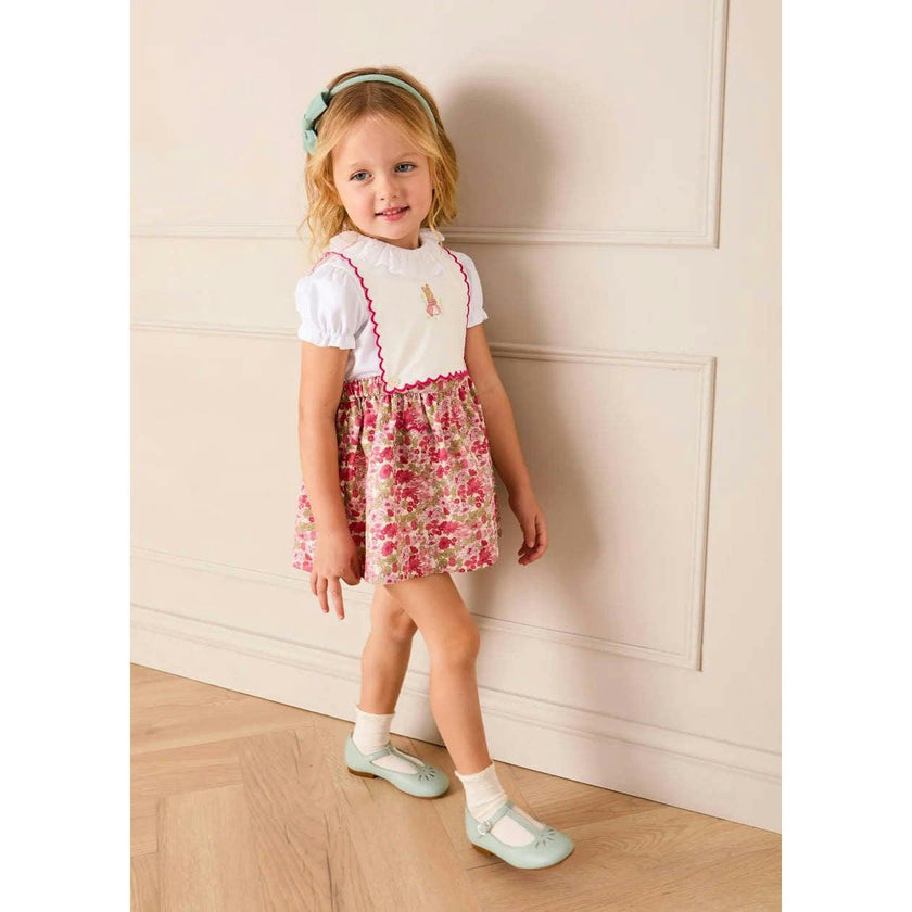 Margret Floral Bunny Embroidered Scallop Detail Pinafore Skirt in Pink (18mths-6yrs)